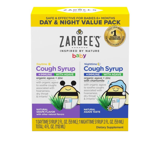 Zarbee's Baby Daytime & Nighttime Cough Syrup + Immune with Organic Agave + Zinc, Daytime Cough Syrup, Grape, & Nighttime Cough Syrup with Chamomile, Agave Taste, Two Pack, 2 x 2 fl. oz