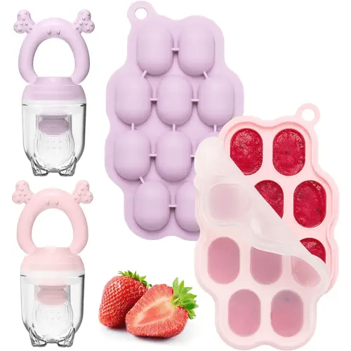 KingKam Baby Breastmilk Popsicle Molds & Baby Fruit Feeder (2 Pack), Baby Food Freezer Tray Storage Containers, Silicone Pacifier Feeder and Teether