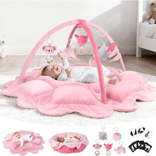 5-in-1 Baby Play Gym Mat, Tummy Time Activity Mat with 5 Sensory Toys, Pink
