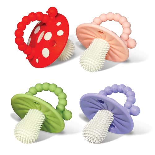 RaZbaby Soft Silicone Infant & Baby 3M+ Teether Toy Massaging Bristles Teething Relief Pacifier - Soothes Sore Gums - Hands-Free & Easy-to-Hold Chompy Teether, BPA Free (Lavender/RED/Pink/Green)