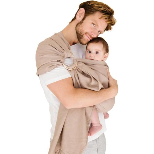WildBird - Ring Sling Baby Carrier - Newborn to Up to 35 lbs - for Moms, Dads & Caregivers - 100% Natural European Linen Fibers - Versatile & Adjustable - 90” Size - Desert Lark Fabric & Gold Ring