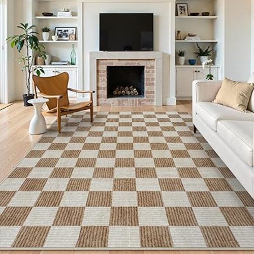 LIVEBOX 8x10 Area Rugs for Living Room, Checkered Non-Slip Washable Rugs, Farmhouse Neutral Classic Geometric Pattern Large Boys Area Rug for Bedroom, Carpet for Dining Room Office(Brown,8'x10')