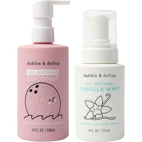 Dabble & Dollop Coconut + Vanilla Body Wash & Shampoo – 3-in-1 Natural Bubble Bath for Kids, No Parabens or Sulfates, Vegan, Gluten-Free, Tear-Free (2-Pack)