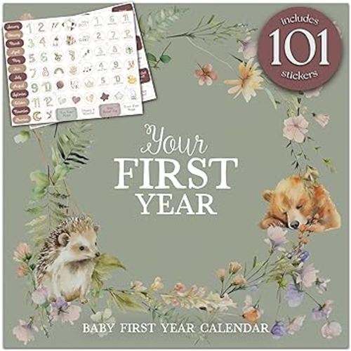 Baby's First Year Calendar with 100 Stickers - Woodland Animals 1st Years Wall Calendar With Stickers, Baby Tracker, Baby Scrapbook for New Mom and Newborn Boys & Girls