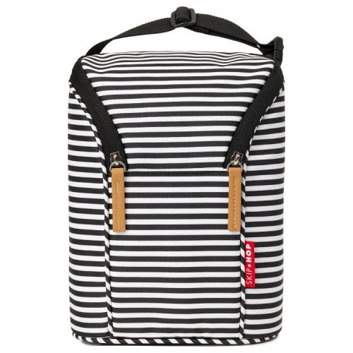 Skip Hop Grab and Go Double 2 Cans Baby Bottle Cooler Bag - Black/White: Hot/Cold Capability, Includes Refreezable Ice Pack