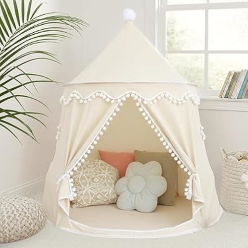 Kids Play Tent - Breathable Cotton & Hemp Teepee Tent for Boys & Girls, Sturdy Children’s Play Tent with Star Light,Fiberglass Poles,Carry Bag Gift for Kids(Beige Castle)