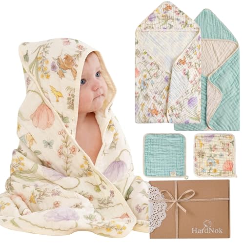Muslin Baby Bath Towels Set Organic Cotton Blend (Garden Green) | 32x32" Towels & Washcloths, Reversible 6-Layer, Woodland Garden, Infant Beach Essentials, Baby Shower, Curated Gift Box