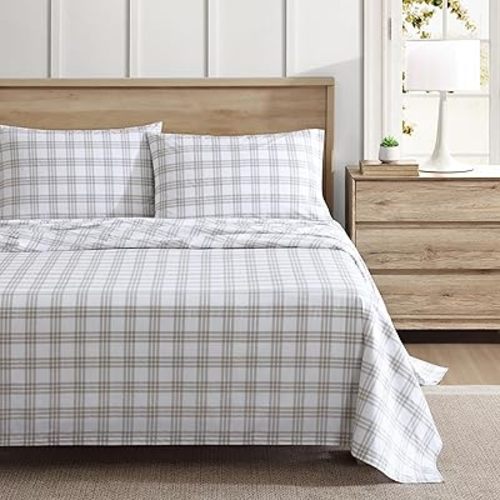Eddie Bauer - Twin Sheet Set, Cotton Percale Bedding Set, Super Soft and Bedding Set, Oeko-Tex Certified (Basic Plaid Beige, Twin)