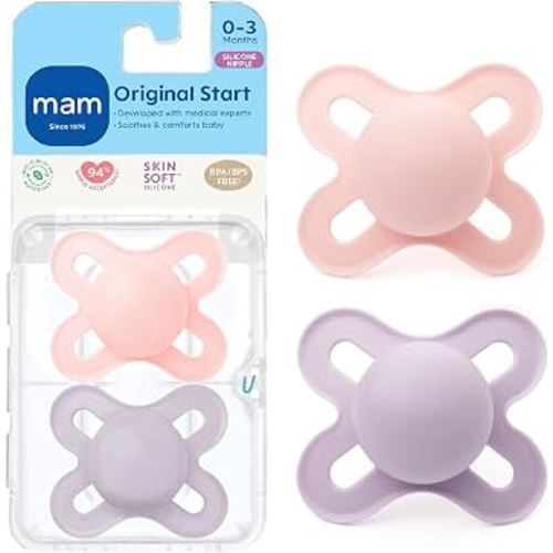 Amazon.com : MAM Original Start Matte Baby Pacifiers 0-3 Mths, BPA-Free Skin Soft Silicone Nipple, Developed with Medical Experts Specially for Smaller Newborn Mouths, Easy to Clean, 2 Pk with Sterilizer Case : Baby