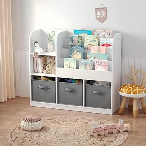 3-Tier Bookshelf with Collapsible Fabric Drawers - Stylish Bookcase Display Stand and Toy Storage Organizer for Bedrooms, Playrooms, and Hallway White As Shown