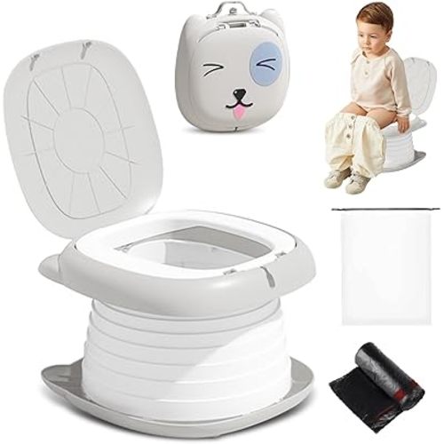 Travel Potty for Toddlers, Portable Potty Chair with 1 Roll Premium Waste Bags - Kids Toilet for Car, Camping, Indoor Outdoor - Easy Clean Training Seat (White Gray)