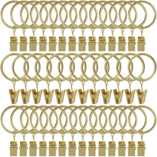 DISEN 40 Pack Curtain Rings with Clips, Drapery Clips with Rings, Hangers Drapes Rings 1.26 Inch Interior Diameter, Fits up to 1 Inch Curtain Rod, Vintage Gold