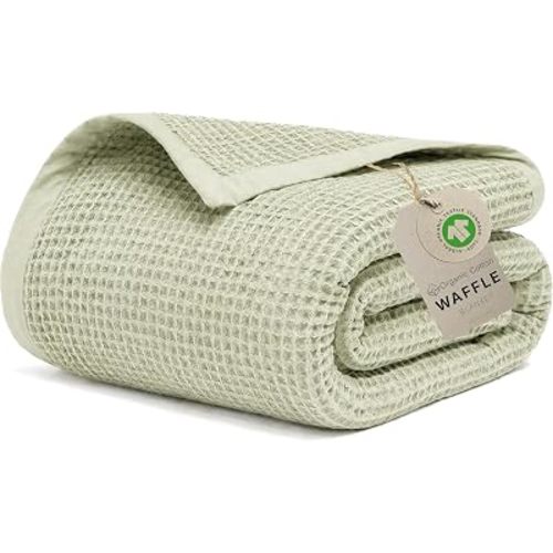 GOTS Certified 55"X60" Throw 100% Organic Cotton Waffle Blanket-Sea Foam