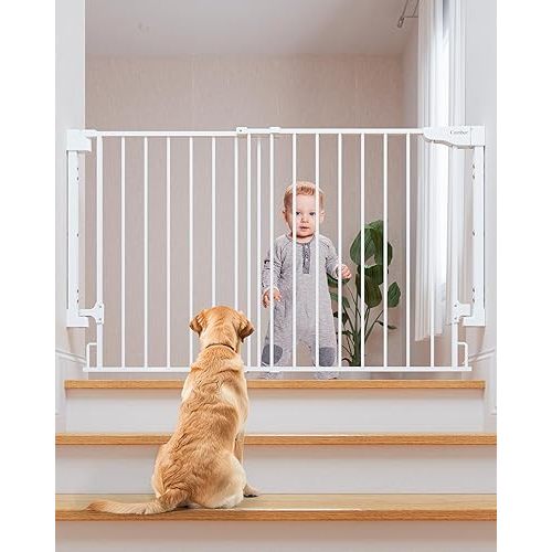Cumbor 31.6-48" No Bottom Bar Baby Gate for Stairs, 2-in-1 Auto Close Dog Gate Indoor, Hardware Mounted Pet Gate for Doorways with Large Walk Thru Door, Child-Proof Safety Gate for Kids (White)