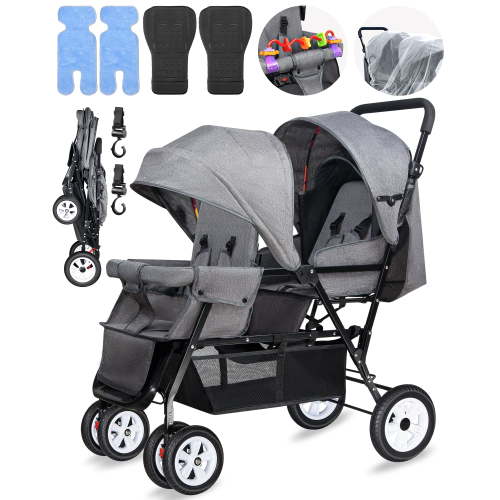 HUART Double Stroller, can Sit and Lie Down Lightweight Folding Children's Stroller, Gray