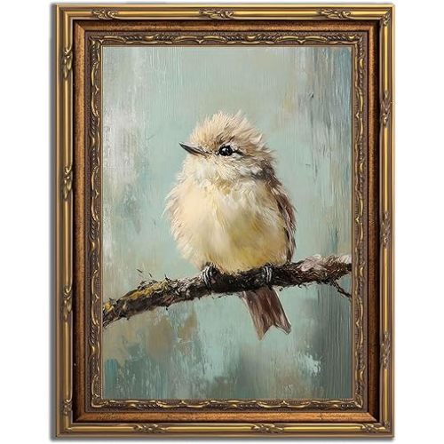 Gold Framed Bird Canvas Wall Art Vintage Bird Beige Sparrow painting Decor Pictures Sparrow on Branch Bedroom Living Posters Prints for Corridor Classroom Bedroom Kitchen Room Decoration