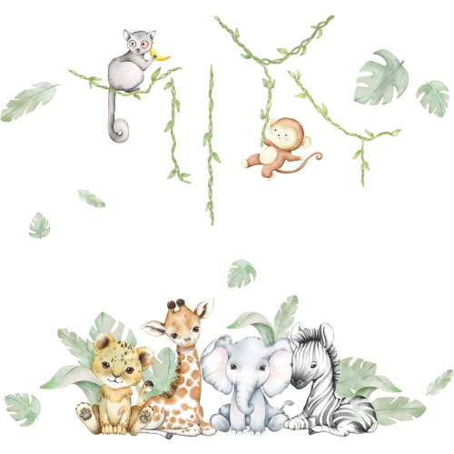Watercolor Jungle Animal Wall Decals Forest Animal Wall Sticker Elephant Lion Monkey Decals for Baby Nursery Playroom Bedroom Classroom Kindergarten Decor