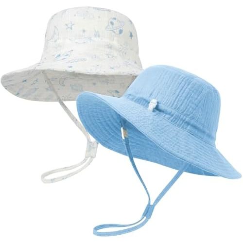 Play Tailor 2 Pack Newborn Baby Sun Hat Breathable Muslin Cotton Infant Bucket Cap Adjustable Wide Brim Summer Beach 0-9M