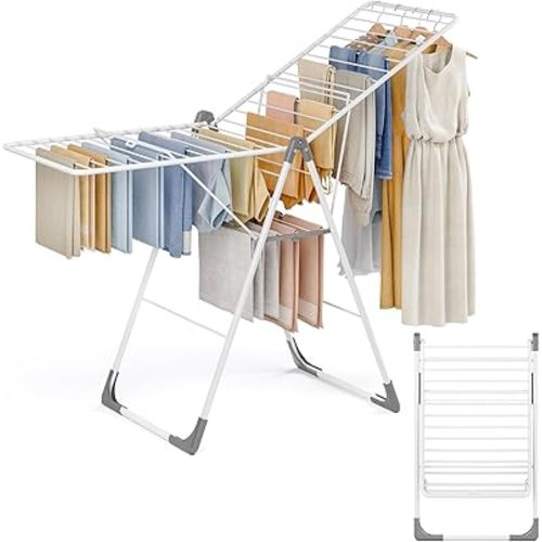 APEXCHASER Clothes Drying Rack, Foldable Oversized Drying Rack Clothing with L-Shaped Foot Cover, Height-Adjustable, Multi-Bar Laundry Rack, Indoor Outdoor Use, 20.47"D x 70"W x 42.52"H, Pearl White