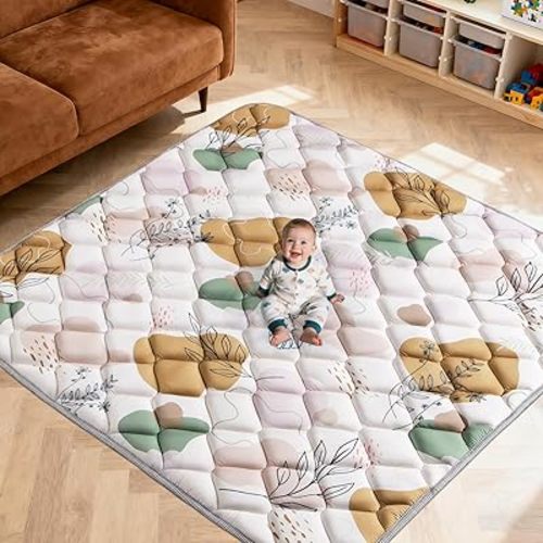 64x64IN Baby Play Mat - Tummy Time Mat for Babies 6-12 Months - Non-Slip Safe Crawling Mat for Indoor & Outdoor - Soft Foam Foldable Cushion Babycare Playmat for Kids Playpen & Machine Washable, Boho
