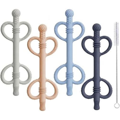 Baby Teething Toys, Heart-Shaped Hollow Teether Tubes with Cleaning Brush, Silicone Chew Straw Teethers for Babies 0-18 Months, BPA Free Freezable Infant Teething Relief Toy, 4 Pack