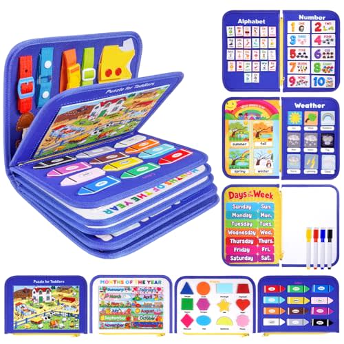 12-page Toddler Busy Board Montessori Toys, Busy Book for Toddlers, Boy Girl Birthday Gift,Toddler Activity Book, 24 in 1 Activity Sensory Toys for Motor Skills, Travel Toy for Car Airplane (Blue)