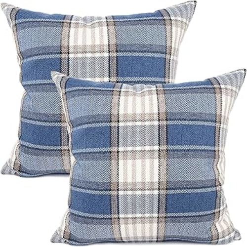 YOUR SMILE Set of 2 Retro Farmhouse Outdoor/Indoor Buffalo Tartan Chequer Stripe Plaid Cotton Linen Decorative Throw Pillow Case Cushion Cover Pillowcase for Sofa Chair,Navy Blue, 22x22 inch