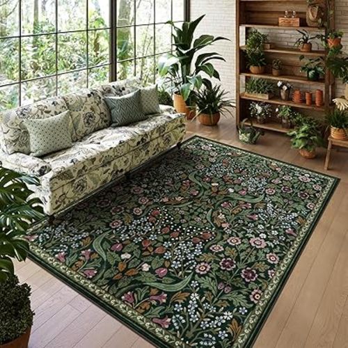 Lahome Claude Floral 5x7 Washable Living Room Rugs, Green Area Rugs for Bedroom Rubber Backed, Botanical Thin Stain-Resistant Carpet for Dining Room, Guestroom, Kids Room, Living Room Decor