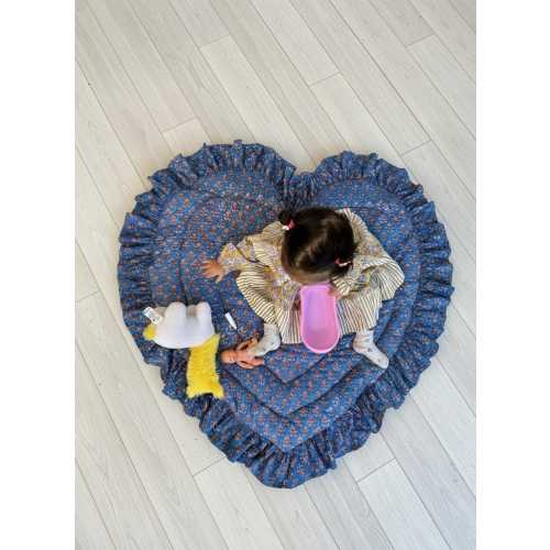 Heart Shaped Baby Play Mat, Vintage Blue Floral Ruffle, Padded Cotton