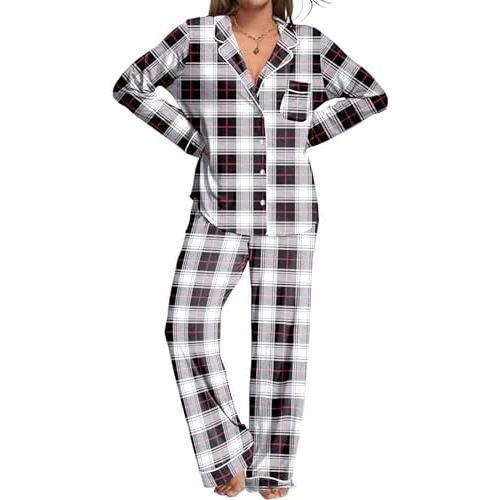 Ekouaer Womens Pajamas Set 2 Piece Button Down Pjs Soft Long Sleeve Top and Pants Sleepwear Set Lounge Sets