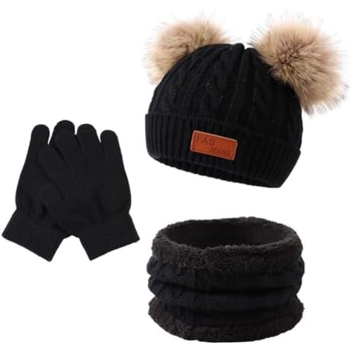 Peecabe Baby Beanie Fall Winter Toddler Knit Hat Scarf Glove Set Pompom Beanie Hat Fleece Neck Warmer
