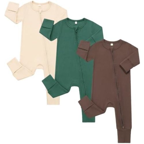 Bafeicao 3 Pack Baby Boy Girl Rompers with Mitten Cuffs, Ribbed Cotton 2 Way Zipper Romper One Piece Jumpsuits Clothes