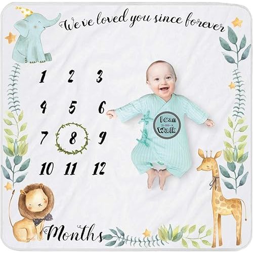 Safari Baby Monthly Milestone Blanket for Boy and Girl, Gift for Baby Shower, Growth Chart Photo Blanket, Wreath &12 Stickers Included, Soft Flannel Blanket, Elephant, Lion 40''x 40''