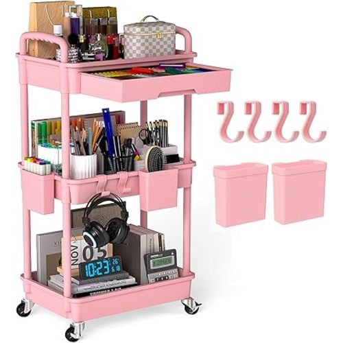 3 Tier Rolling Utility Cart with Drawer, Plastic Storage Organizer Rolling Carts with Wheels Handles Hanging Cups Hooks for Office, Bathroom, Kitchen,Craft Art Room (Pink)