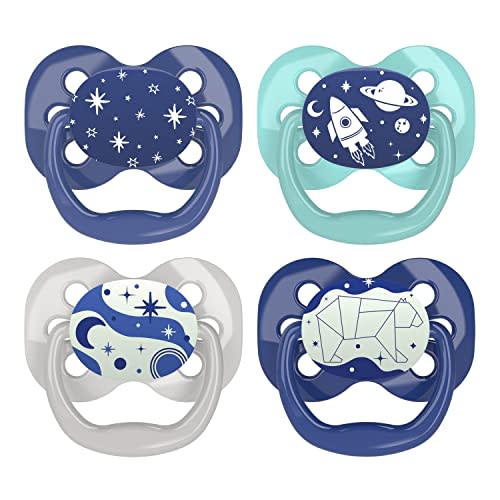 Dr. Brown's Advantage Glow-in-the-Dark Pacifier, 100% Silicone Baby Paci Symmetrical Soother, 0-6m, BPA free, Blue, 4 Pack