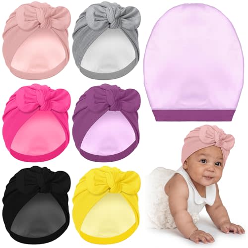 Halfchet 6 Pcs Newborn Satin Bonnet Silk Stretchy Satin Lined Baby Beanie Turban Hat with Bow for Infant Toddler 0-6 Months