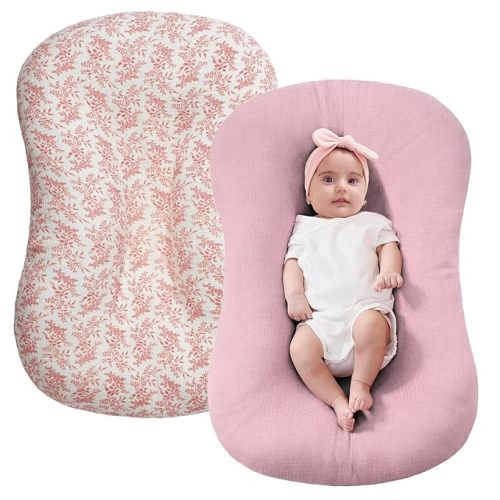 FUNUPUP Muslin Baby Lounger Cover Compatible with Snuggle Me Lounger, Infant Pillow Cover for Newborn, Removable Nest Slipcover for Boys and Girls, Only Cover, Pink & Pink Leaves