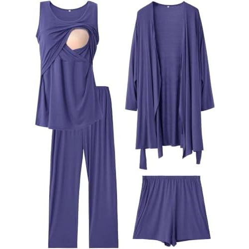 Rnxrbb 4PCS Year-Round Nursing Pajamas Robe Set Postpartum Breastfeeding Pj