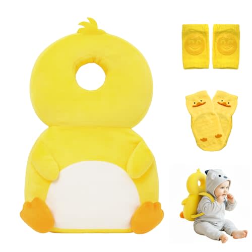 Baby Head Protector Backpack with a Pair of Non Slip Socks and Knee Pads, Baby Pillow Backpack for Falling, Crawling, Adjustable Toddler Head Protector for Infants 6–18 Months