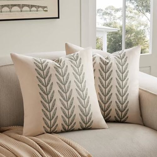 100% Cotton Farmhouse Leaves Lumbar Throw Pillow Covers Set of 2, 12x20 Inch Green Pastoral Decorative Print Cushion Covers for Sofa Bed Living Room Home Decor