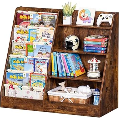 Lerliuo 4 Tier Kids Bookshelf and Storage Organizer, Five Layer Sling Children Bookcase, Baby Toddler Wooden Book Shelf, Display Cabinet for Playroom, Bedroom, Classroom, Nursery, School (Brown)