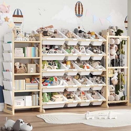 70in Large Kids Toy Storage Organizer with 5 Book Shelves, 20 Toys Box, Stuffed Animal Storage Rack, Hanging Books Bag, 4In1 Kids Bookshelf Bookcase for Toddler Room Nursery Playroom Bedroom