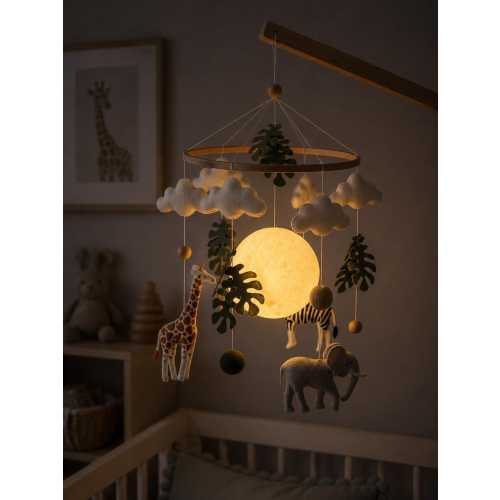 Safari Animals Moon Night Light Mobile, Jungle Nursery Decor, Handmade Felt Clouds Leaves