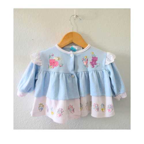 Vintage Baby Dress - Girl's Kitty Cat Puff Print Pastel Outfit - Size 6 - 9 Months