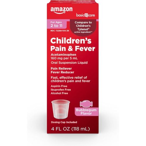 Amazon Basic Care Children's Pain Reliever Oral Suspension Liquid, Bubblegum Flavor, Acetaminophen 160 mg per 5 ml, Effective, Fever Reducer for Age 2-11 Years, Red, 4 fl oz (Pack of 1)