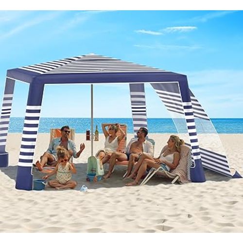 Rhino Valley Beach Tent Shade Canopy UPF50+ Protection, 8 Sandbags, 4 Stability Poles, Outdoor Sun Shelter Umbrella for Sand, Camping, Fishing Essentials