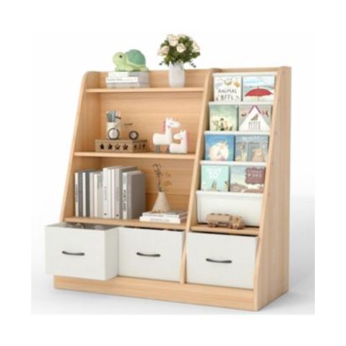 Wooden Kids Storage Organizer Shelf with Book Rack and Fabric Bins