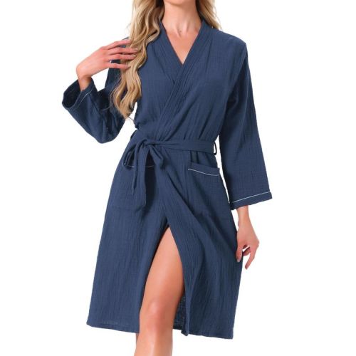 INSPIRE CHIC Women's 100% Cotton Soft Robe Long Sleeve V-Neck Loungewear with Pockets Bathrobe Small Navy