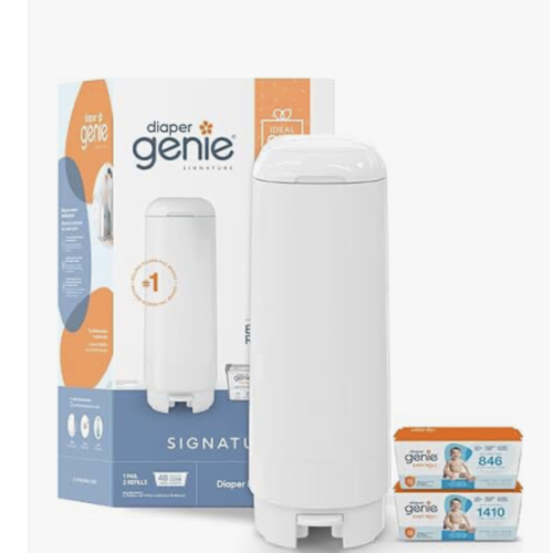 Diaper Genie Select Pail (Multi-Color Polka Dot) is Made of Durable Stainless Steel and Includes 1 Starter Square Refill That can Hold up to 165 Newborn-Sized Diapers.