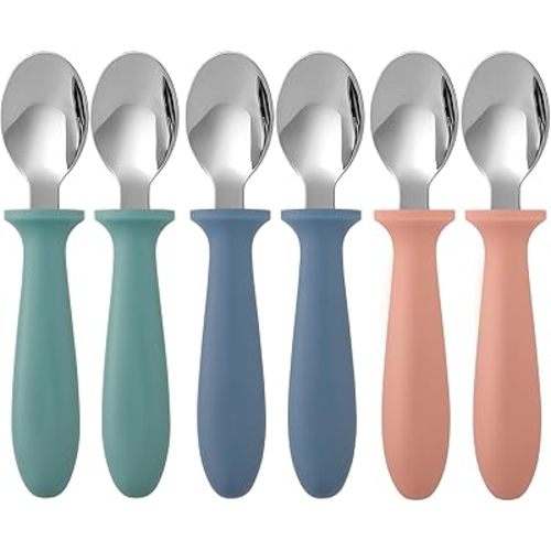 Pimoys 6-Pack Stainless Steel Toddler Spoons Baby & Kids Utensils for Self-Feeding Plastic Handle Dishwasher Safe